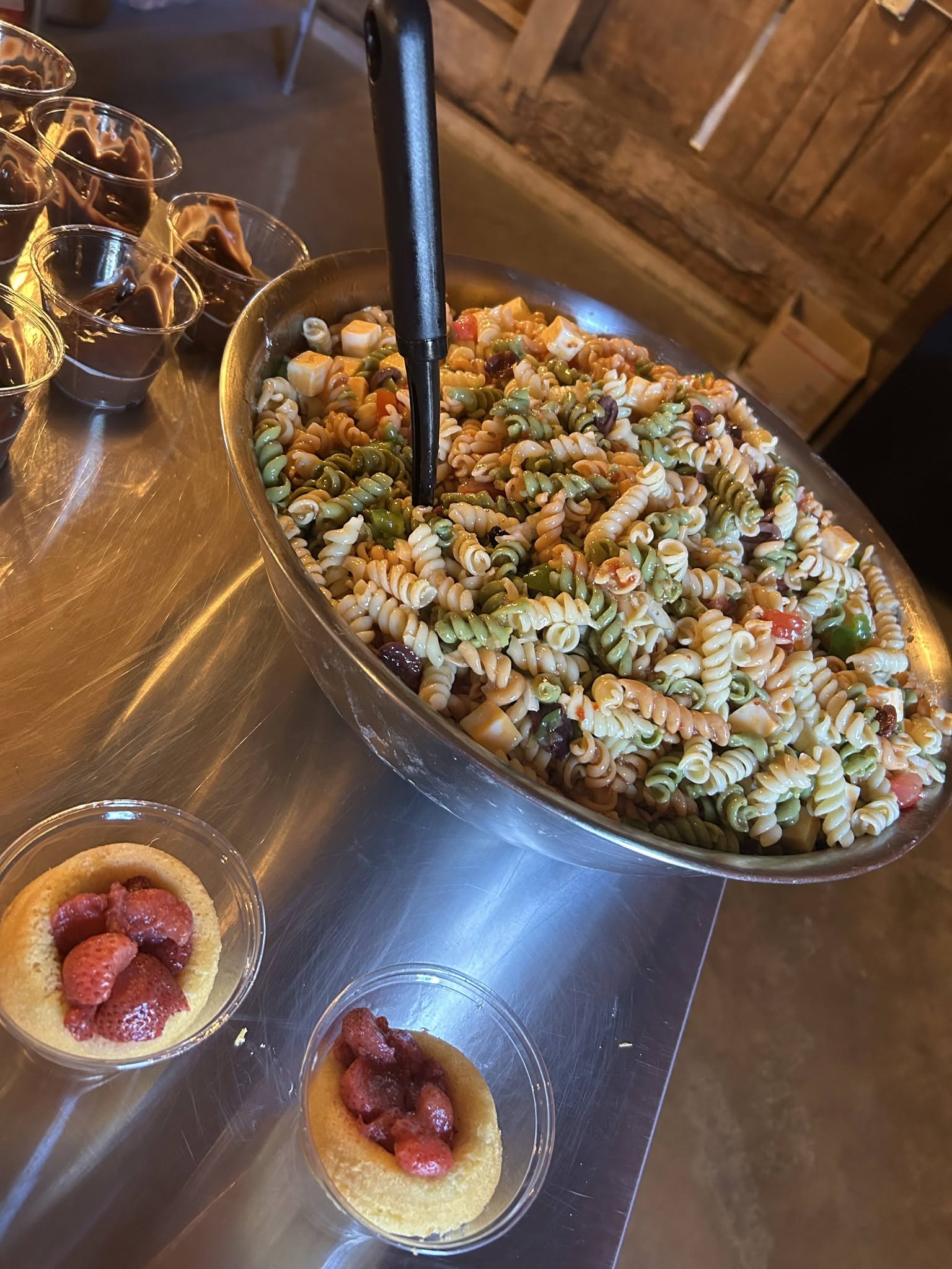 Pasta salad and strawberry desserts