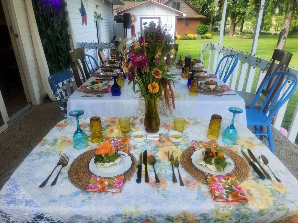 Colorful outdoor dining table set for a catered event