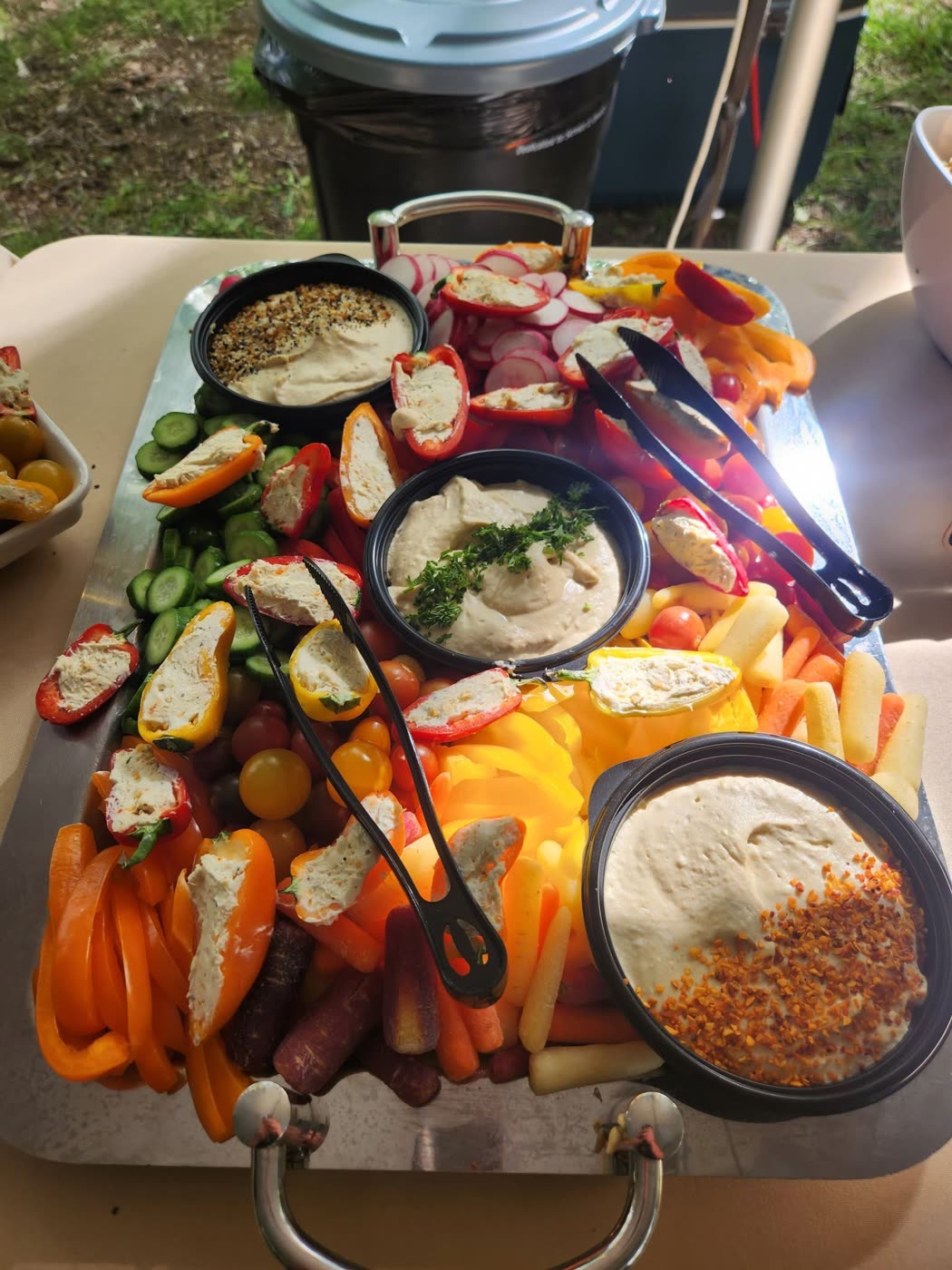 Colorful vegetable and hummus crudité platter by 419 Venue Guy