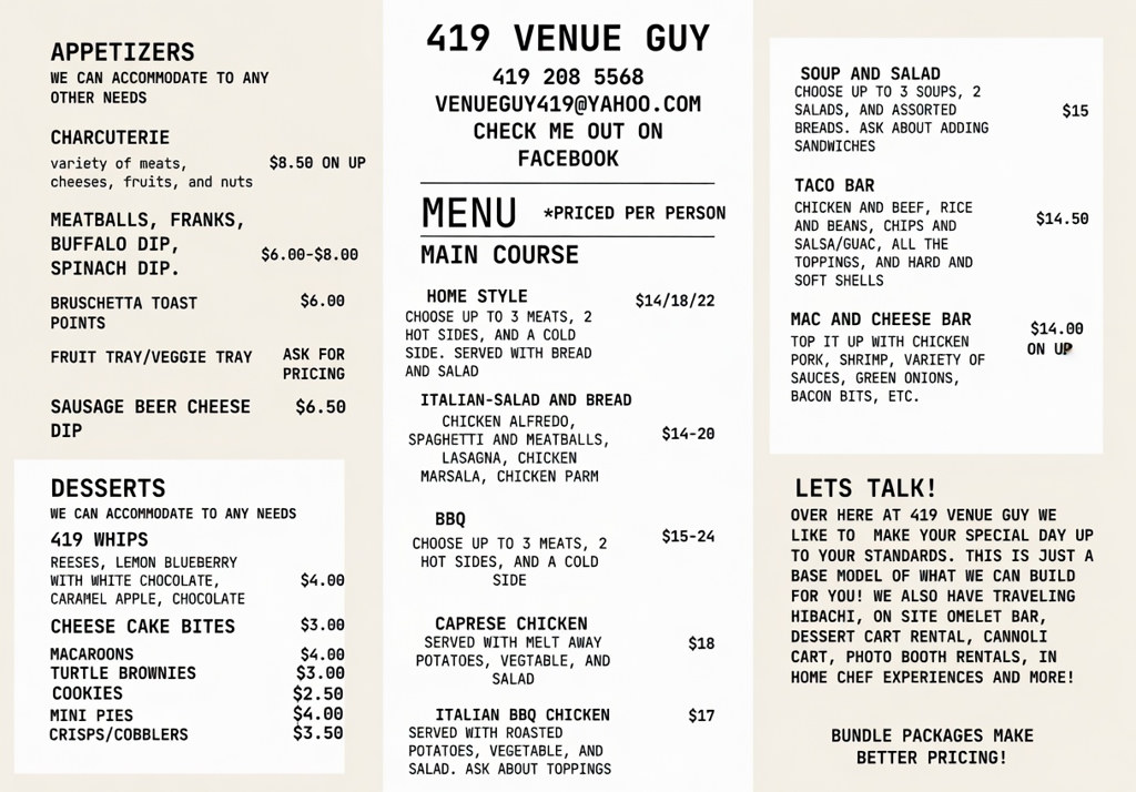 419 Venue Guy menu and packages priced per person