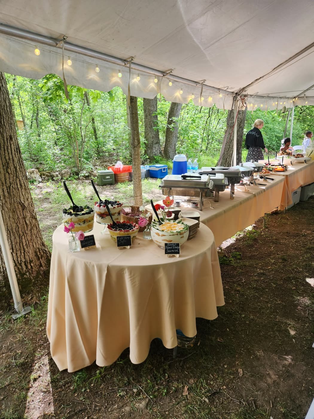 Elegant wedding dessert table with berry trifles at an outdoor tented event by 419 Venue Guy